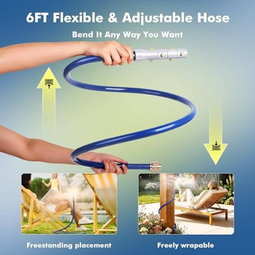 Adjustable misting nozzle with blue flexible hose, freestanding patio cooling set