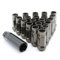 Extended steel wheel lug nuts set with open end sockets and knurled grip, silver finish