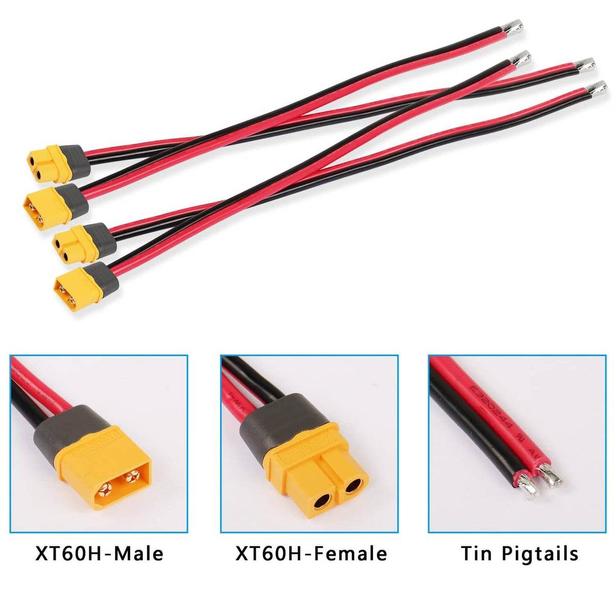 XT60H male and female connector pigtail cables with red/black wires, tin pigtails