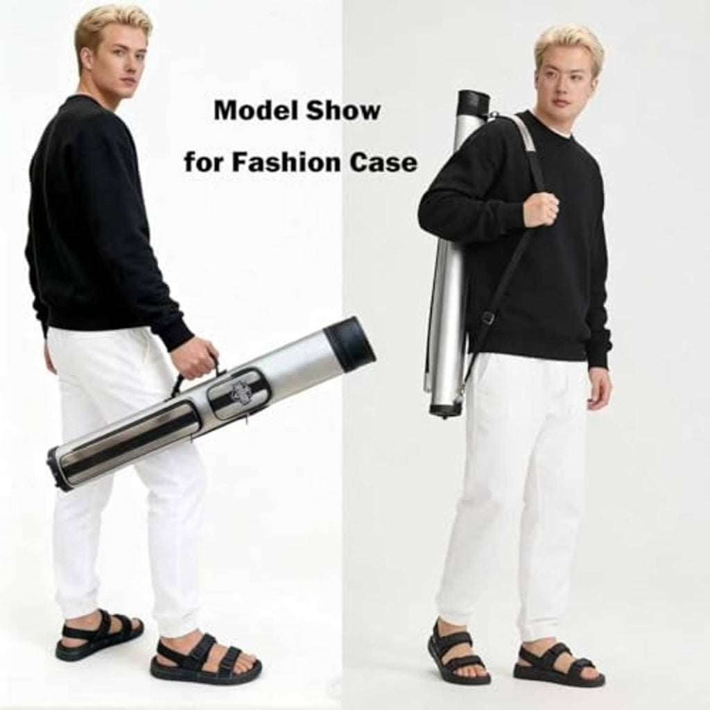 Pool cue case held for transport, oval hard-shell with black cap and shoulder strap, silver/white.