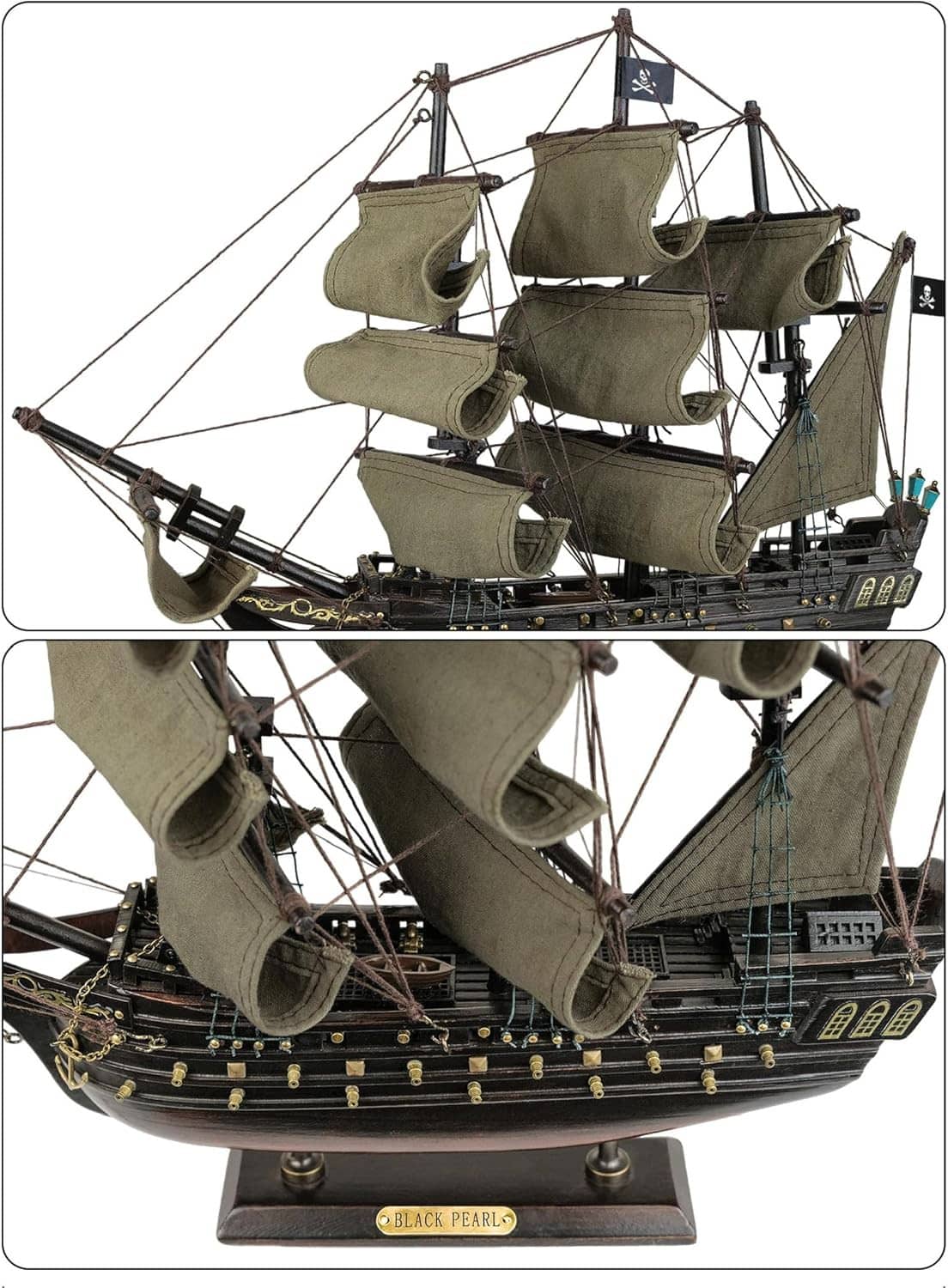 Wooden pirate ship model with dark hull and olive sails, angled view on “Black Pearl” display base