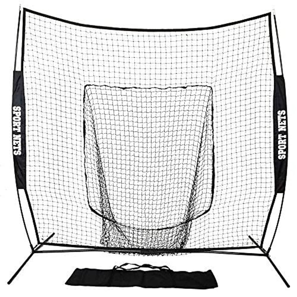 Baseball practice net with white mesh and black frame, with black carry case at base