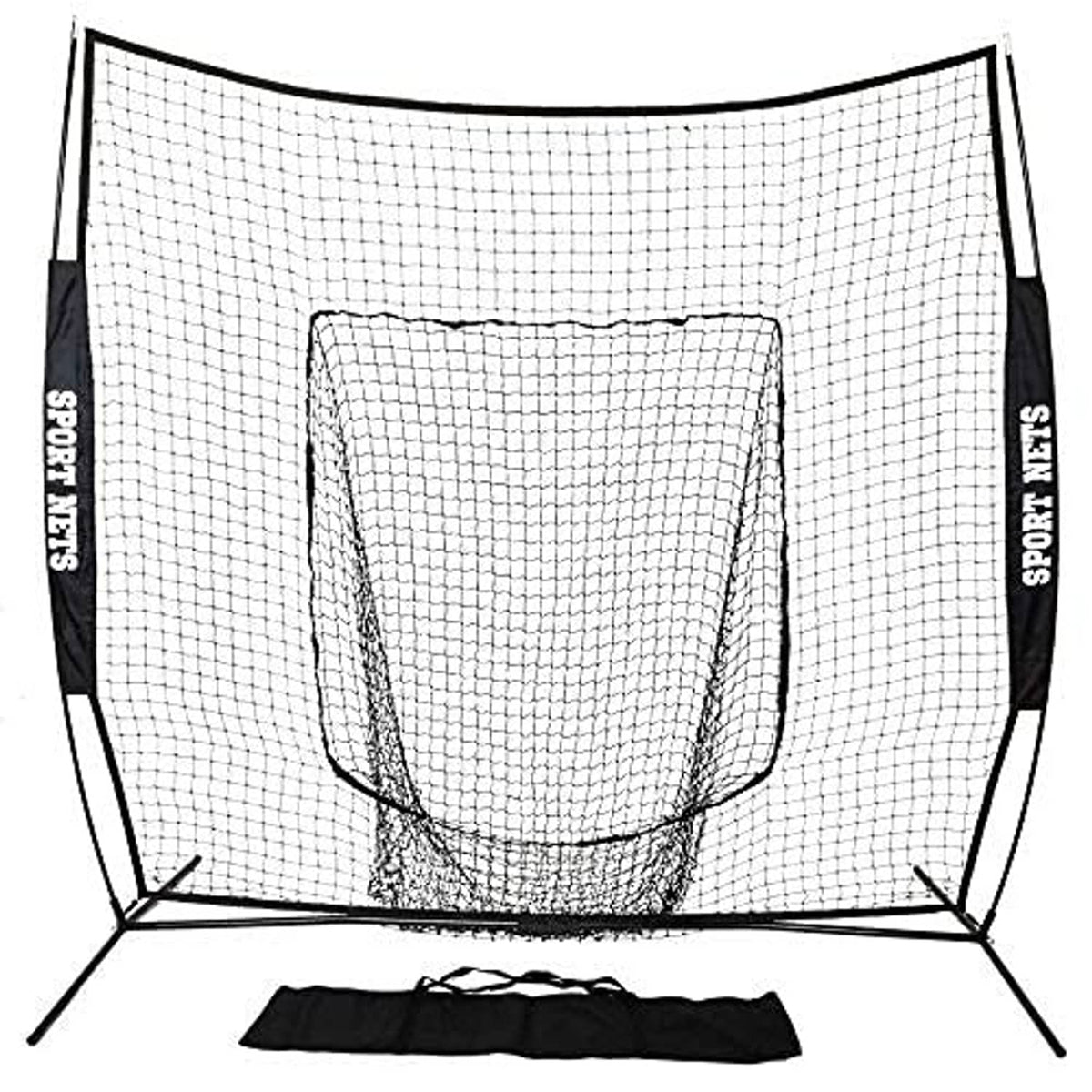 Baseball practice net with white mesh and black frame, with black carry case at base
