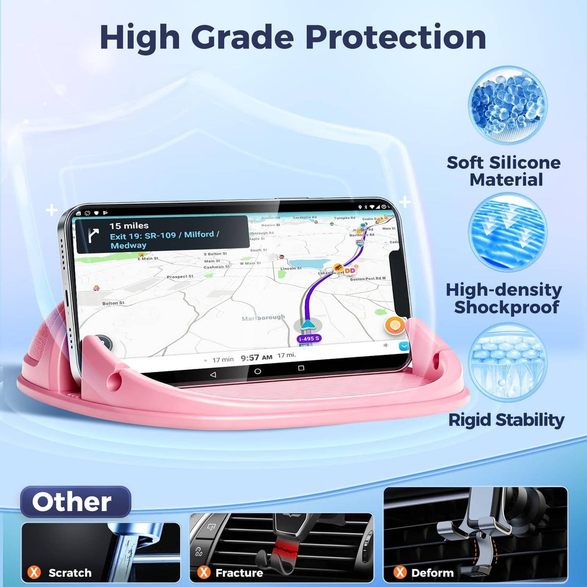 Pink silicone car phone holder with soft cradle pads and rigid stability base