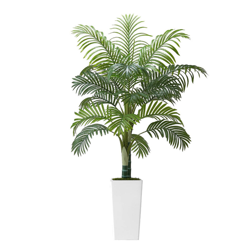 5ft faux areca palm tree with green fronds in a white indoor pot