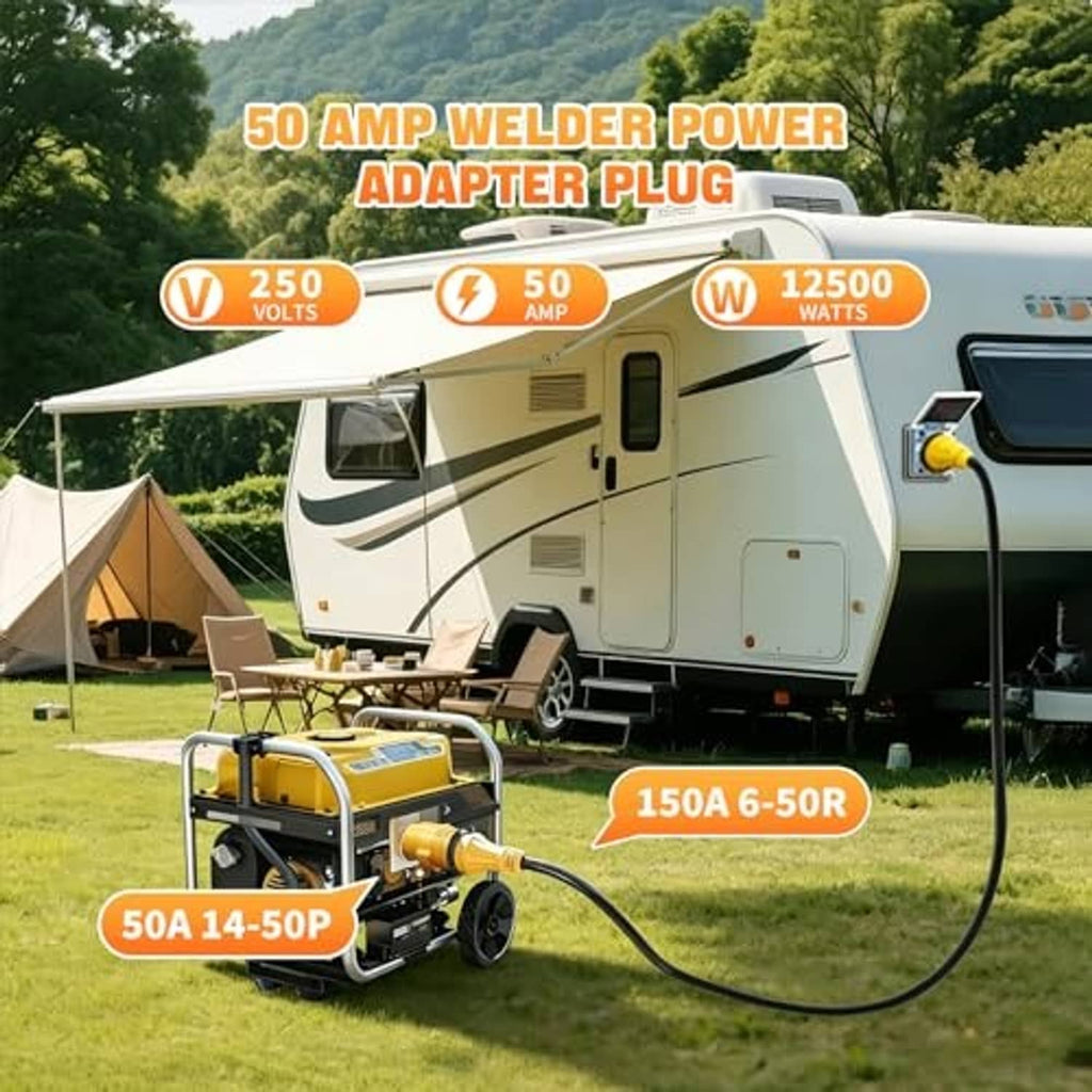 Yellow adapter plug attached to portable generator cable with round connector face