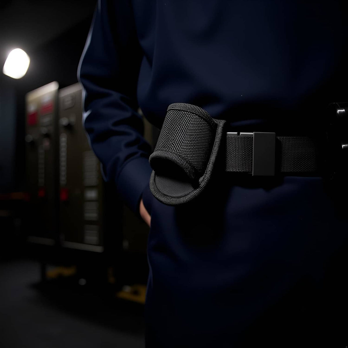 Black flashlight holder pouch worn on a belt with an open top.