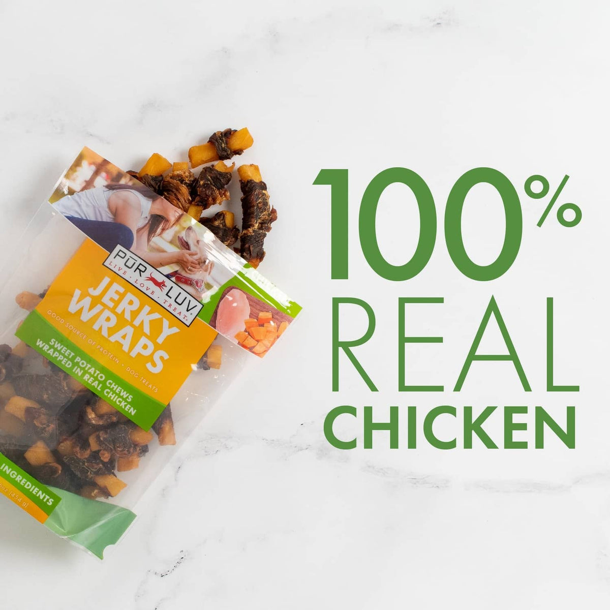 Pur Luv jerky wraps dog treat package with chicken-wrapped sweet potato pieces