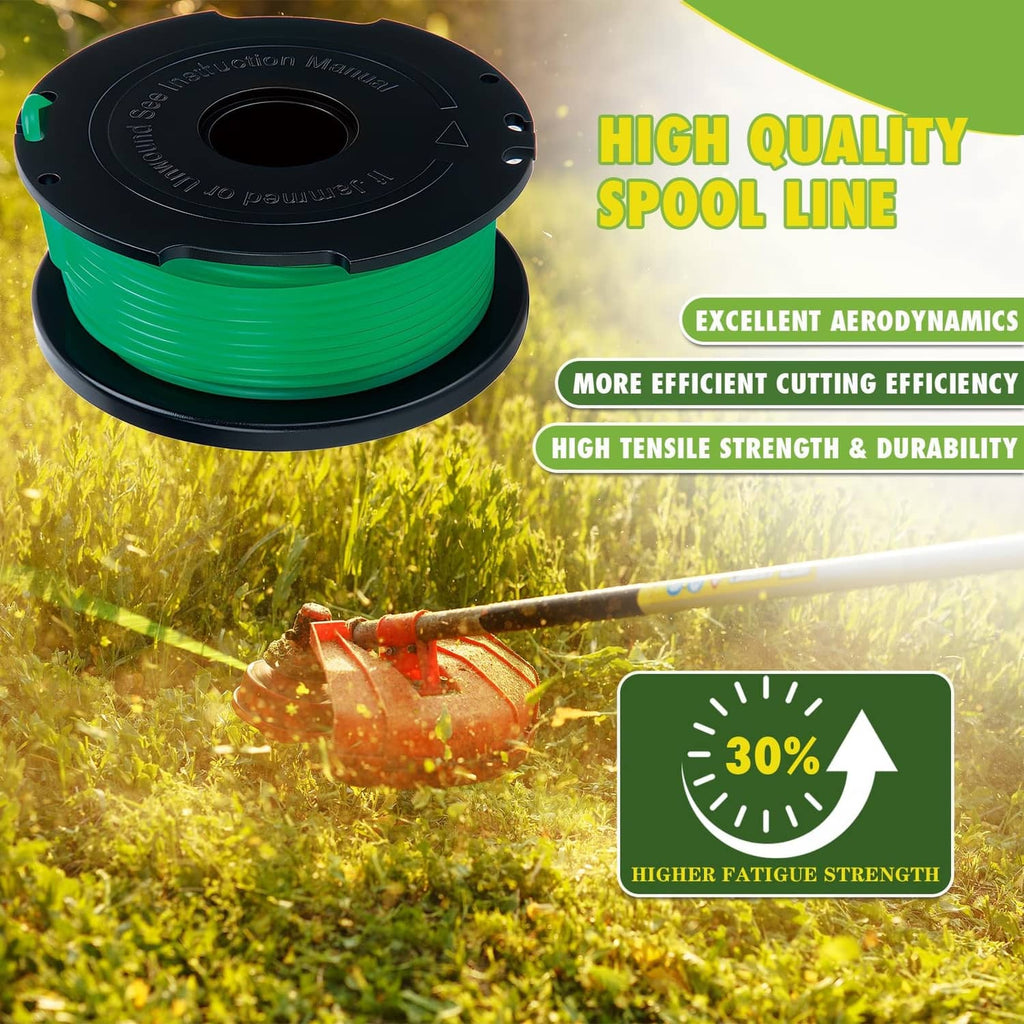 Green trimmer line spool on black base, close-up view