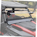 Clear flip-up windshield with black mounting frame on UTV