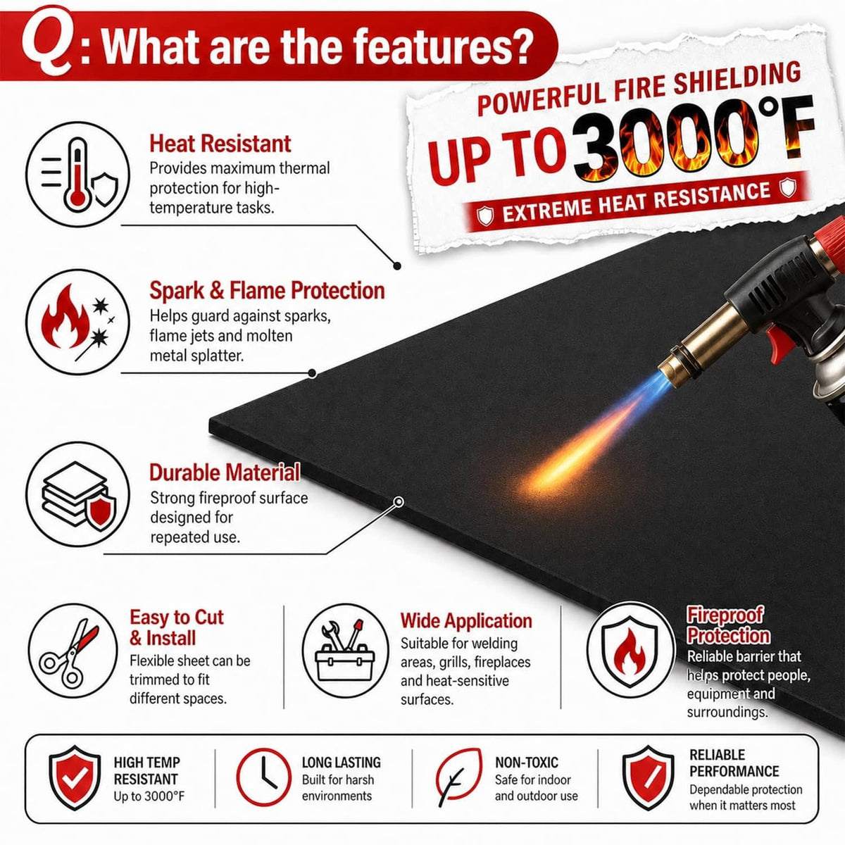 Black fireproof welding blanket mat near torch flame for spark and heat shielding