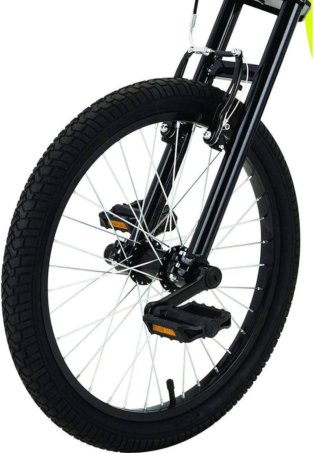 Black-and-yellow drift trike front wheel and fork close-up