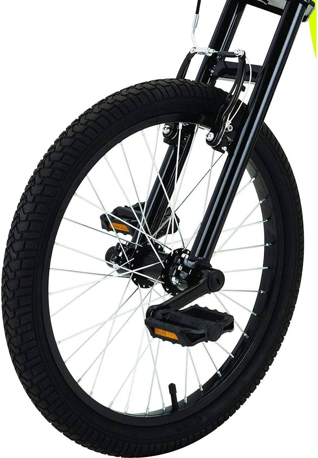 Black-and-yellow drift trike front wheel and fork close-up