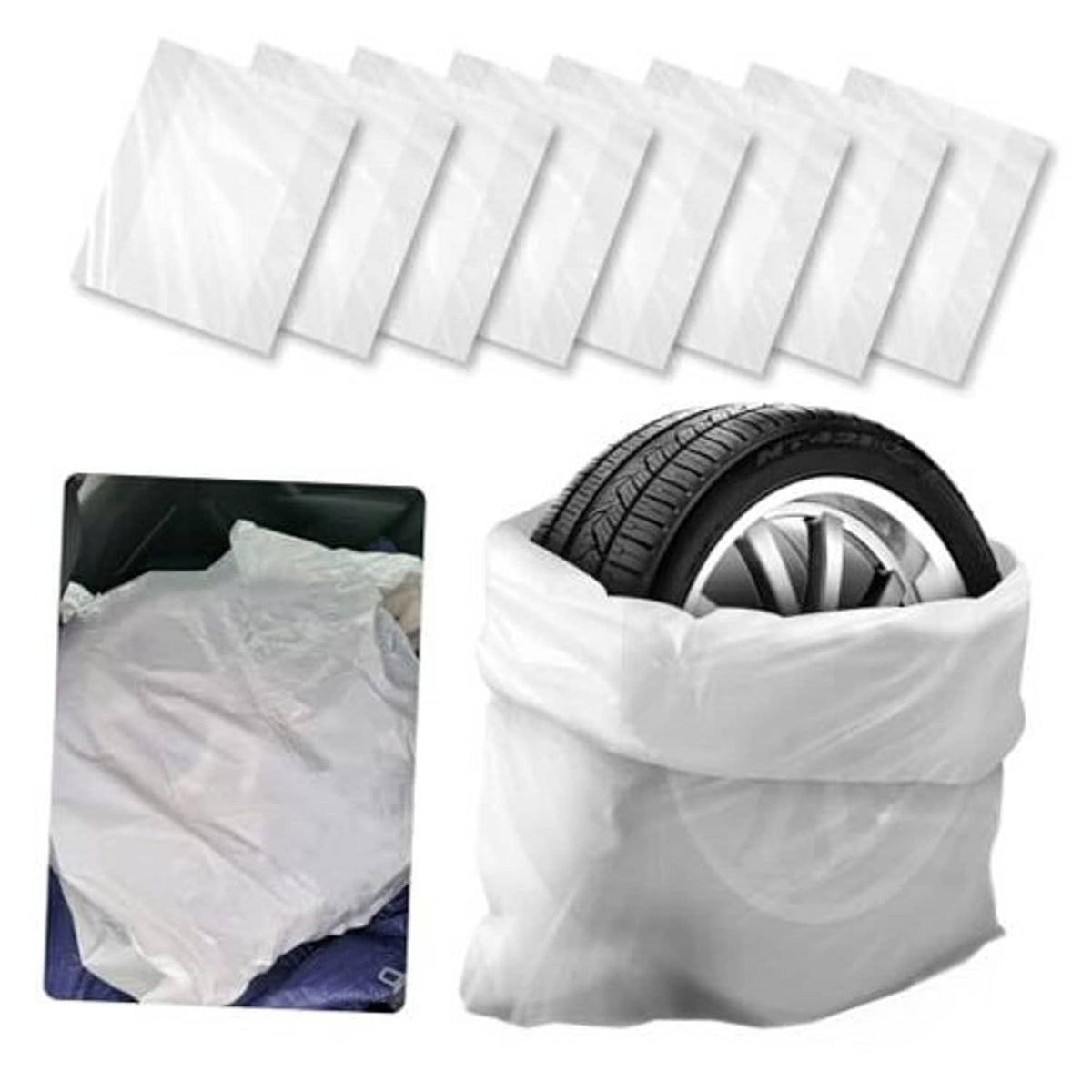White LDPE tire storage bag set, folded and stacked for easy protection