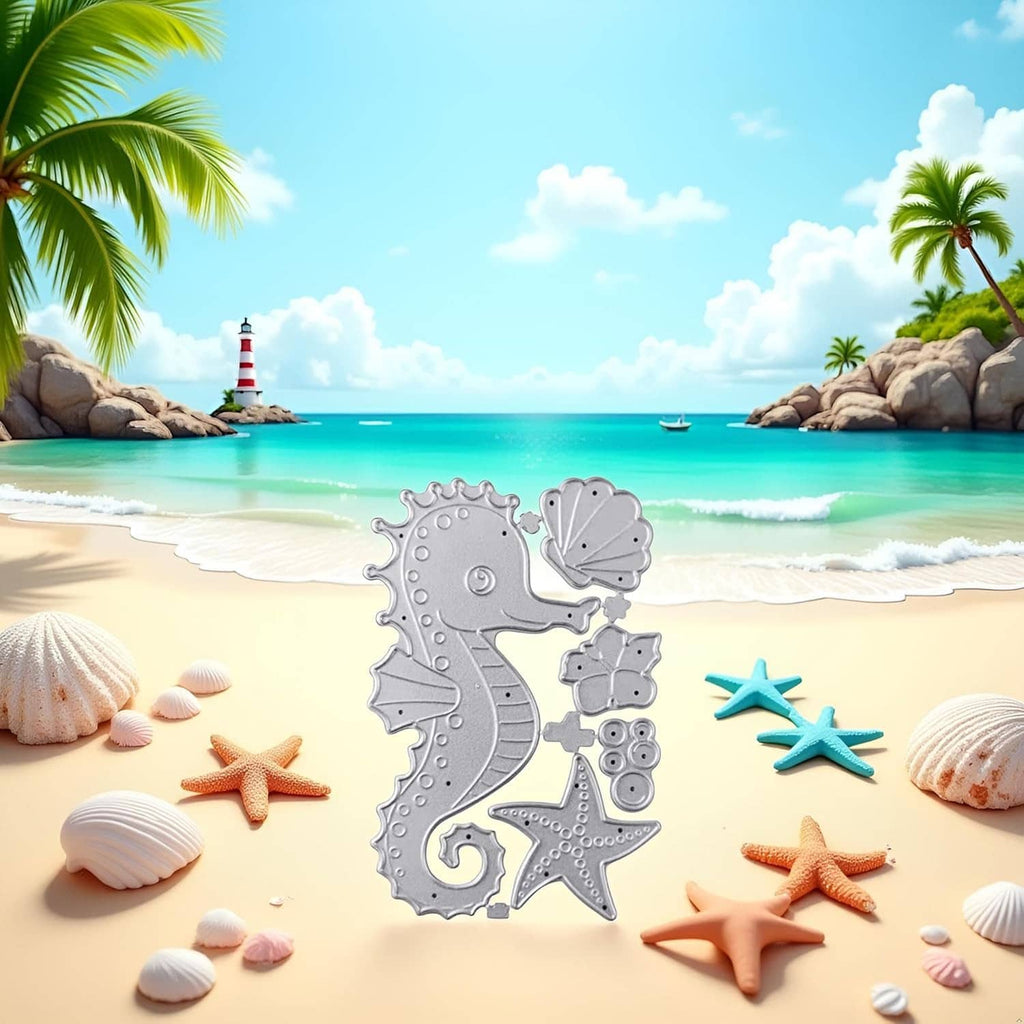Silver seahorse and shell metal die-cut shapes on beach craft design