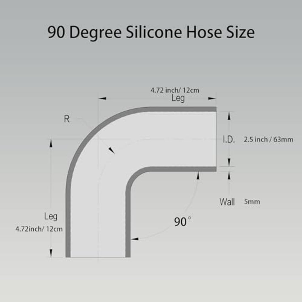 90° silicone hose elbow diagram: 2.5in ID, 5mm wall, 12cm leg