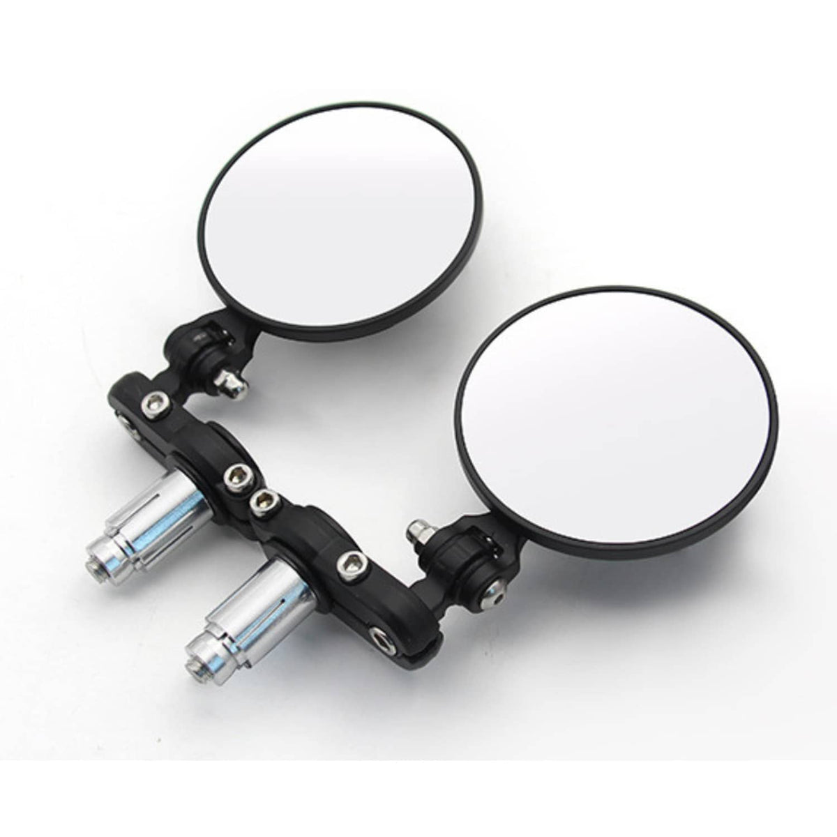 Two round bar-end mirrors with black arms and clear lens glass