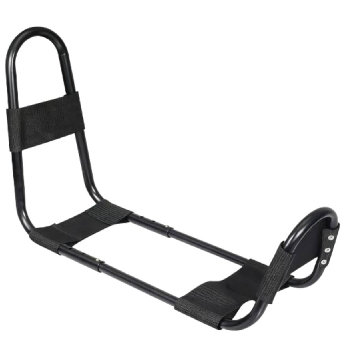 Black hamstring stretcher with foot cradle and padded knee support straps