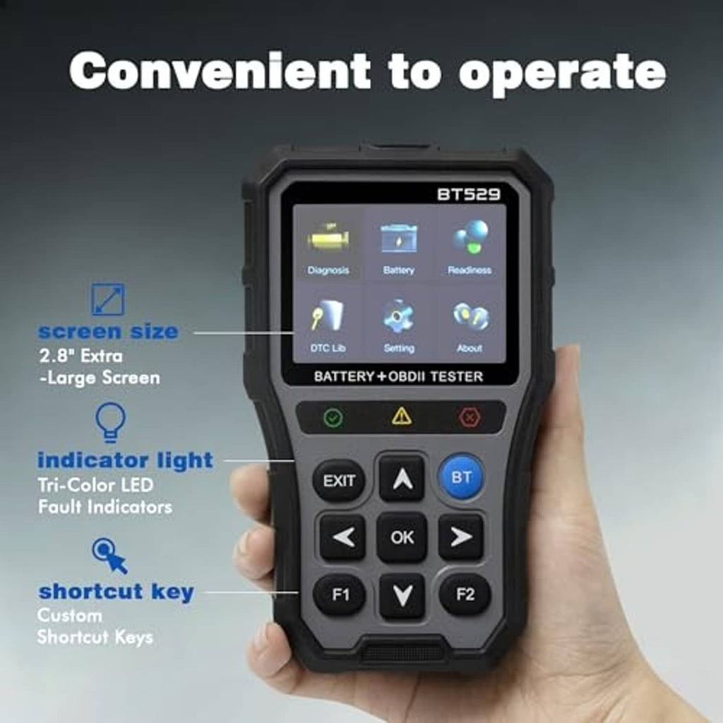 OBD2 code reader and battery tester with backlit screen, buttons, and BT key