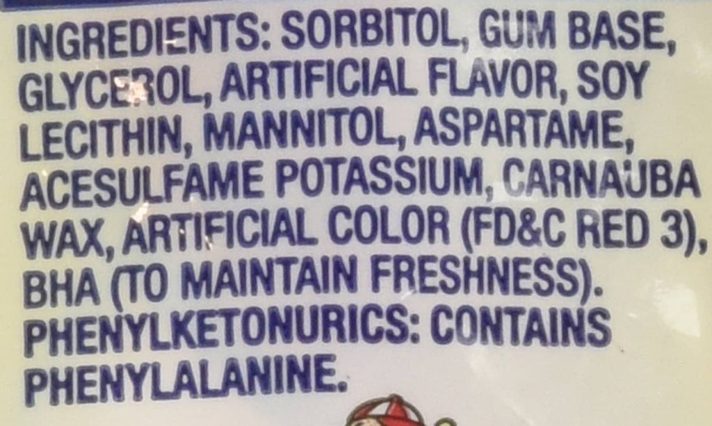 Sugar-free gum ingredients list text on the back of the package