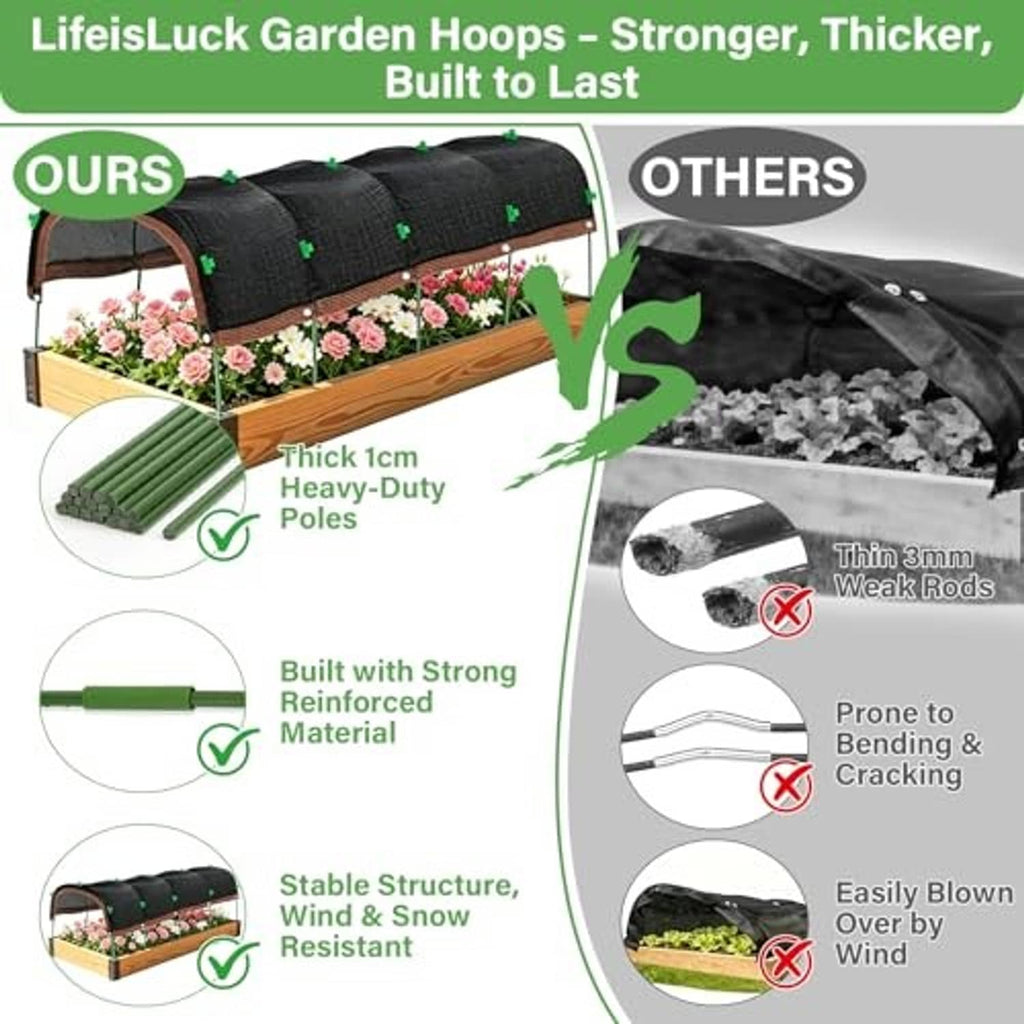 Black shade cloth hoop system with thick green poles and reinforced edges