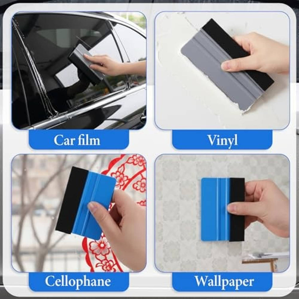 Blue felt squeegee in hand for smoothing vinyl wrap and film