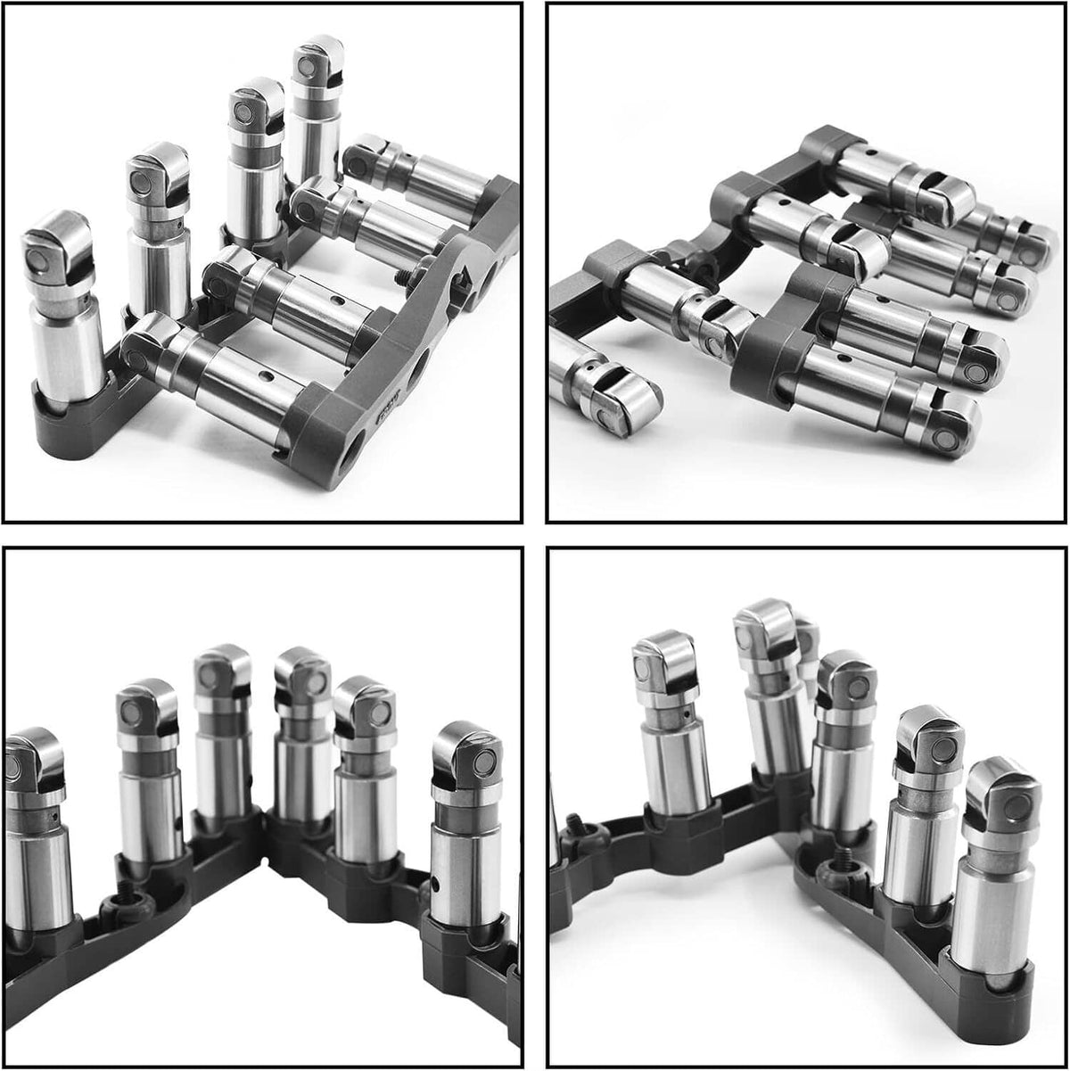 Hydraulic lifter set in multiple views: chrome cylinders on black mounting tray