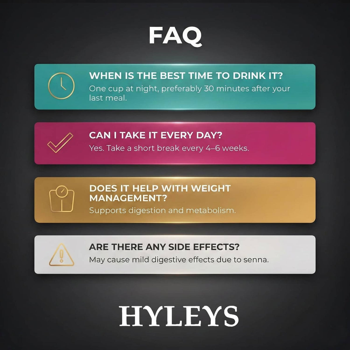 Hyleys Slim Tea FAQ panel with best time to drink and daily use questions