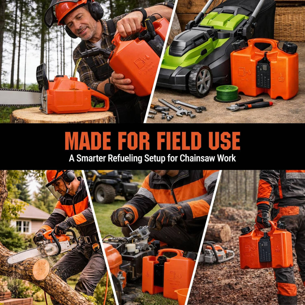 BAITEMEN dual-chamber fuel and bar oil can, orange, with black caps and shoulder strap