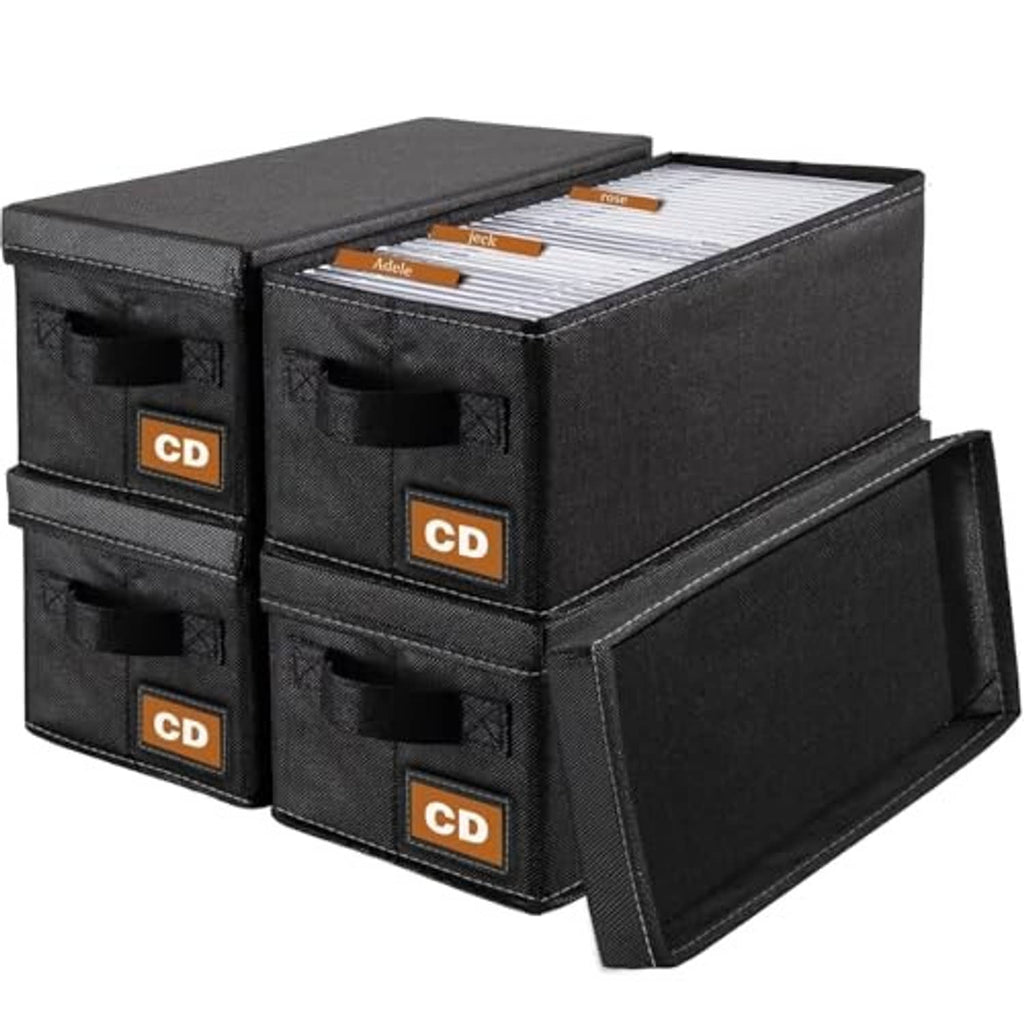 Black CD storage box case, 4-pack with side flap and orange CD label patches