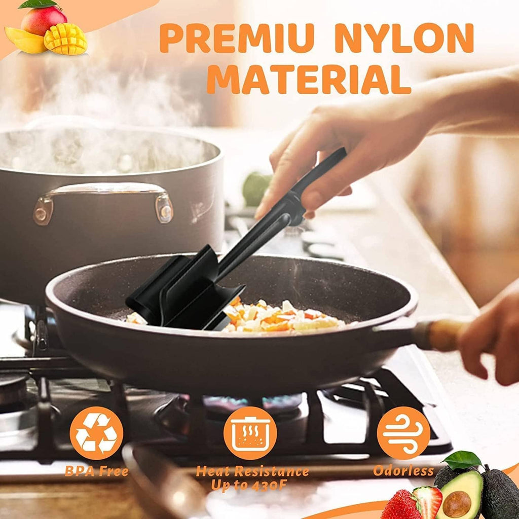 Black meat chopper using in a pan; nylon material concept shown in graphics