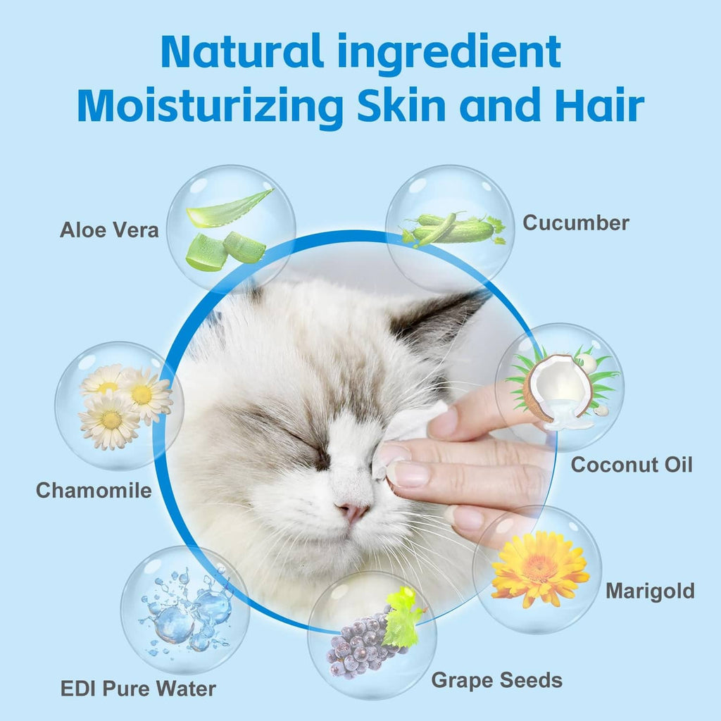 Moisturizing pet eye wipes, hand wiping a white cat’s face with plant ingredients