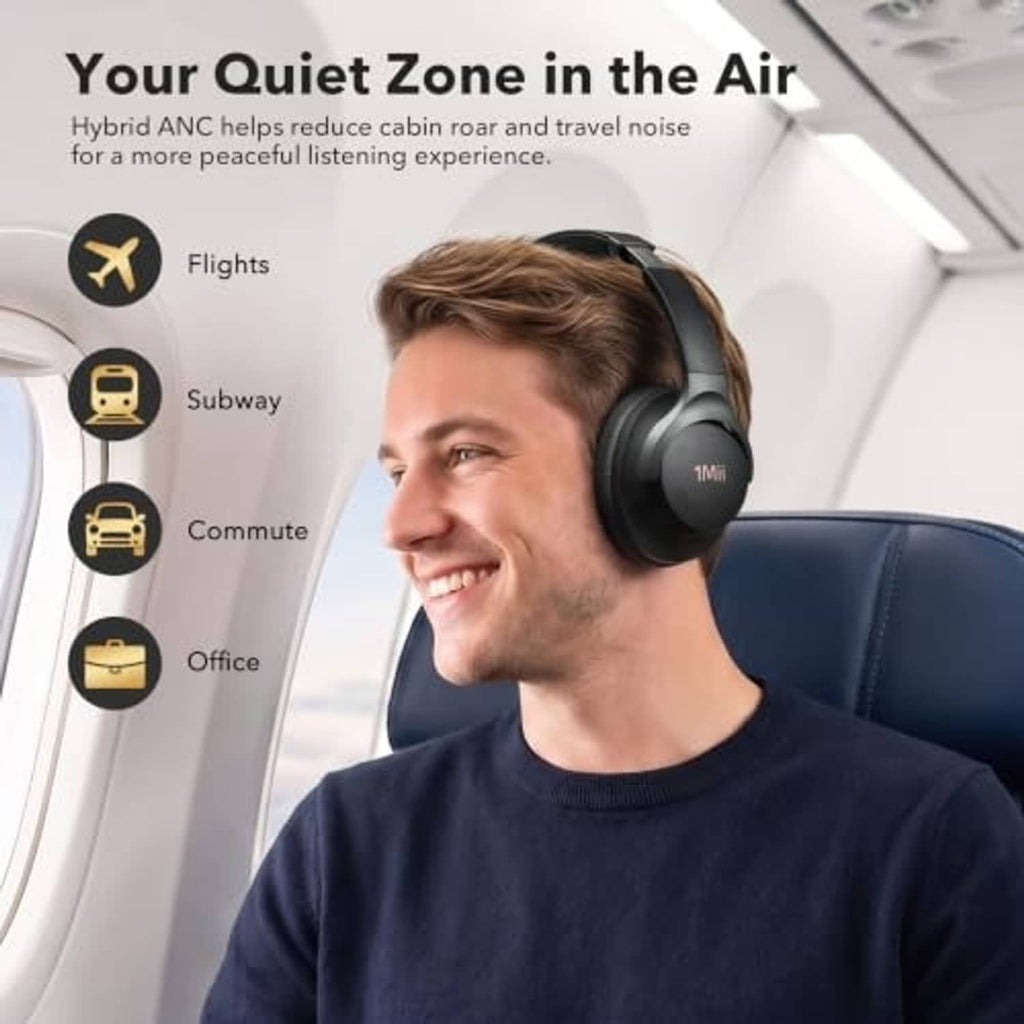 Black over-ear headphones on a person, with thick cushions covering the ears.