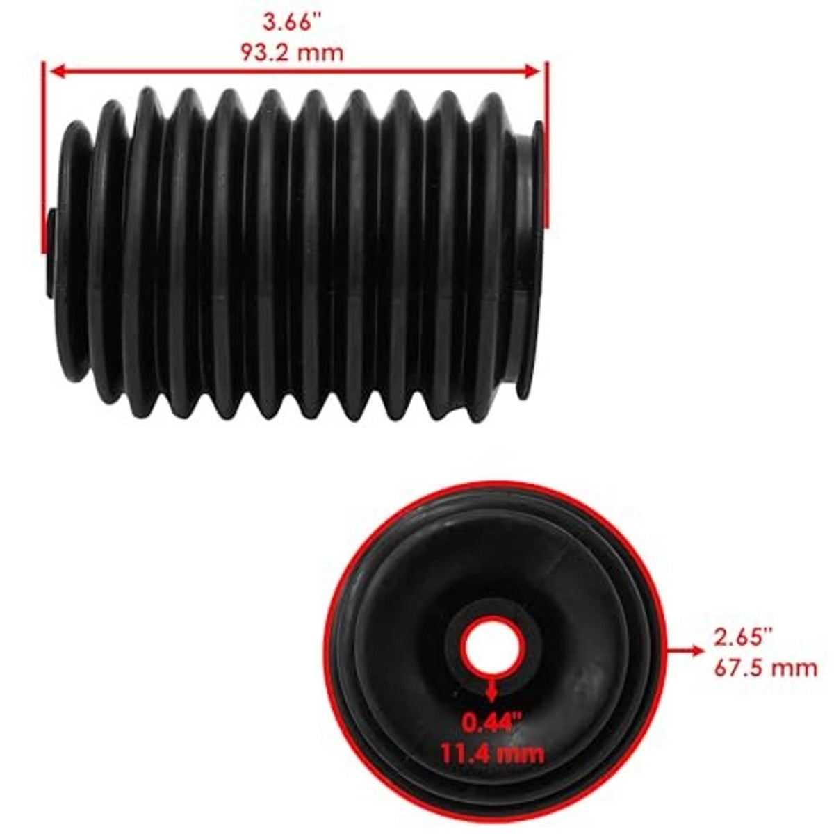 Black ribbed steering rack boot with round cap-style end and measuring scale