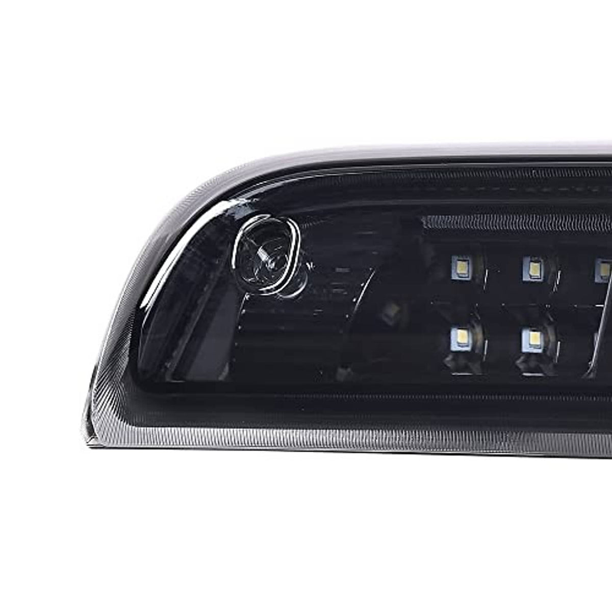 LED brake light lens with visible LED chips on circuit board