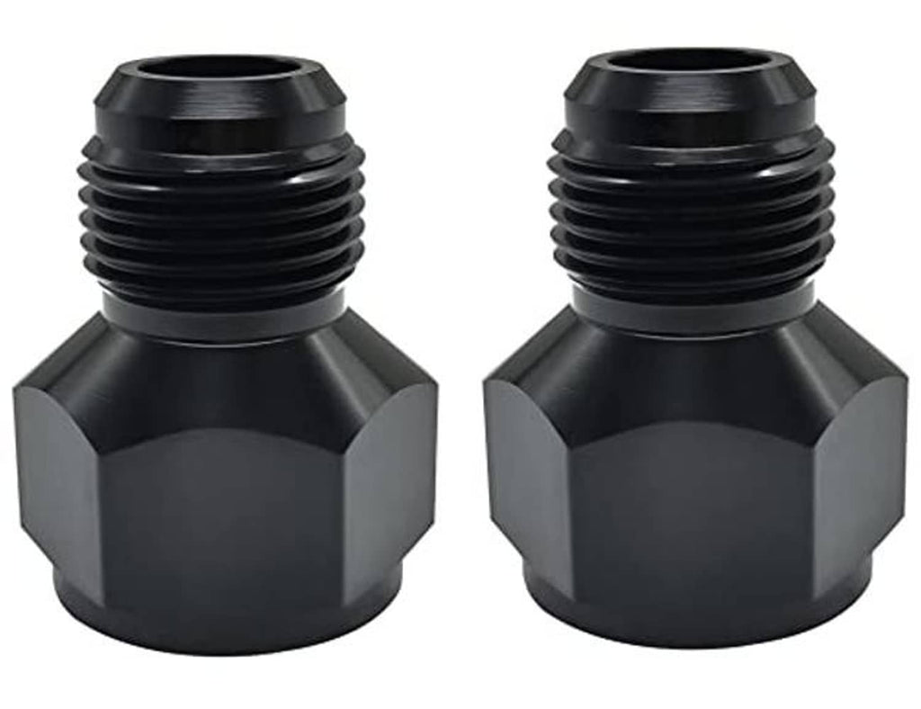 Two black AN10 to AN6 flare reducer adapter fittings, hex sides and threaded ends