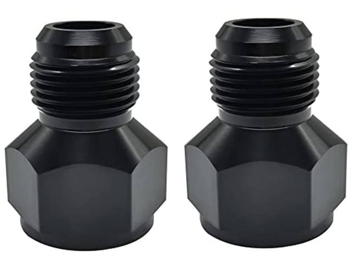 Two black AN10 to AN6 flare reducer adapter fittings, hex sides and threaded ends