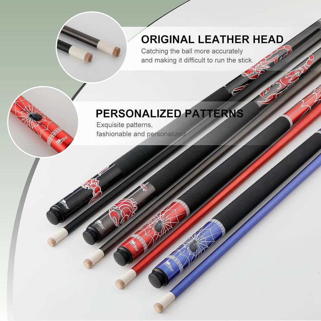 Two-piece billiard cue set with black shafts, red patterns, and leather cue tips