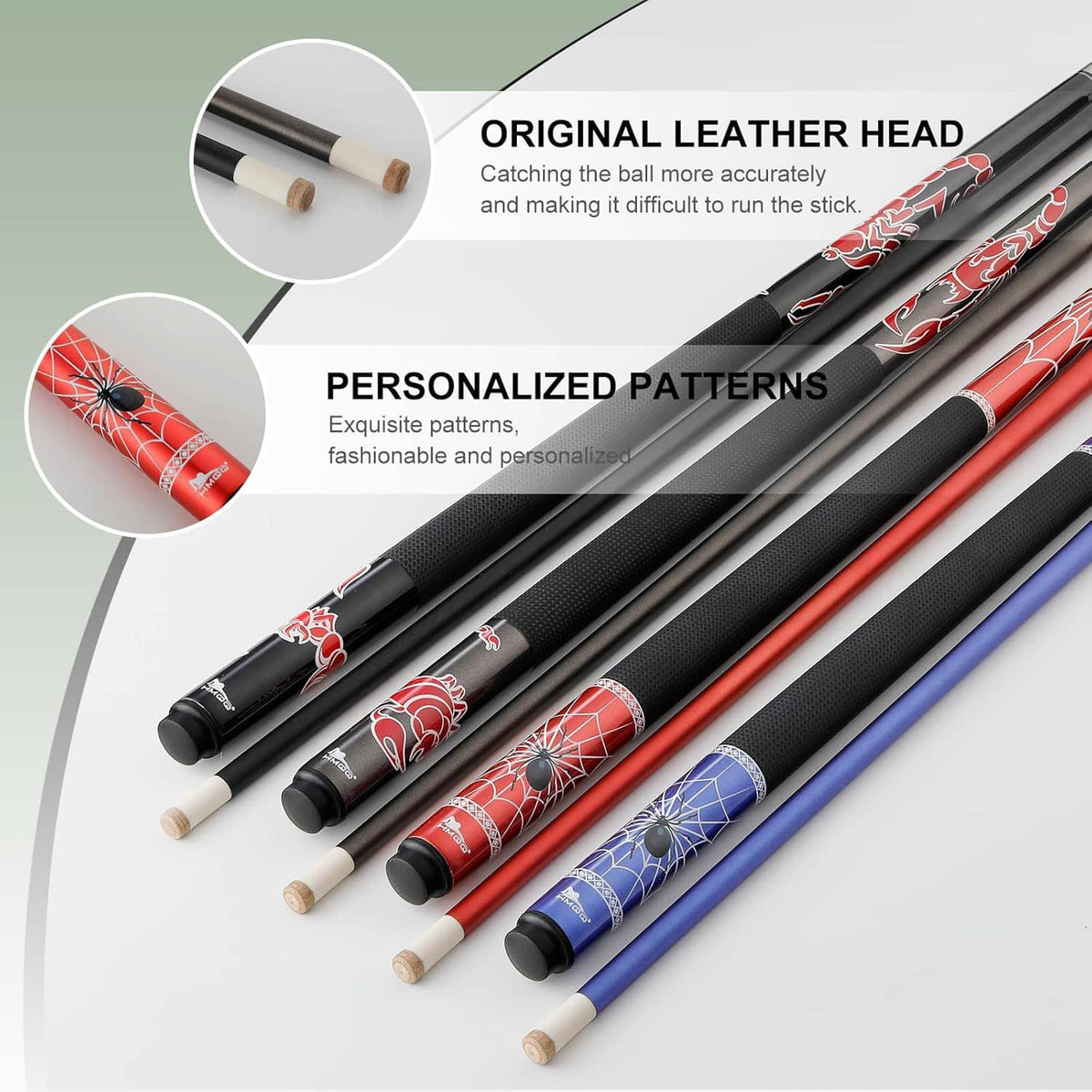 Two-piece billiard cue set with black shafts, red patterns, and leather cue tips