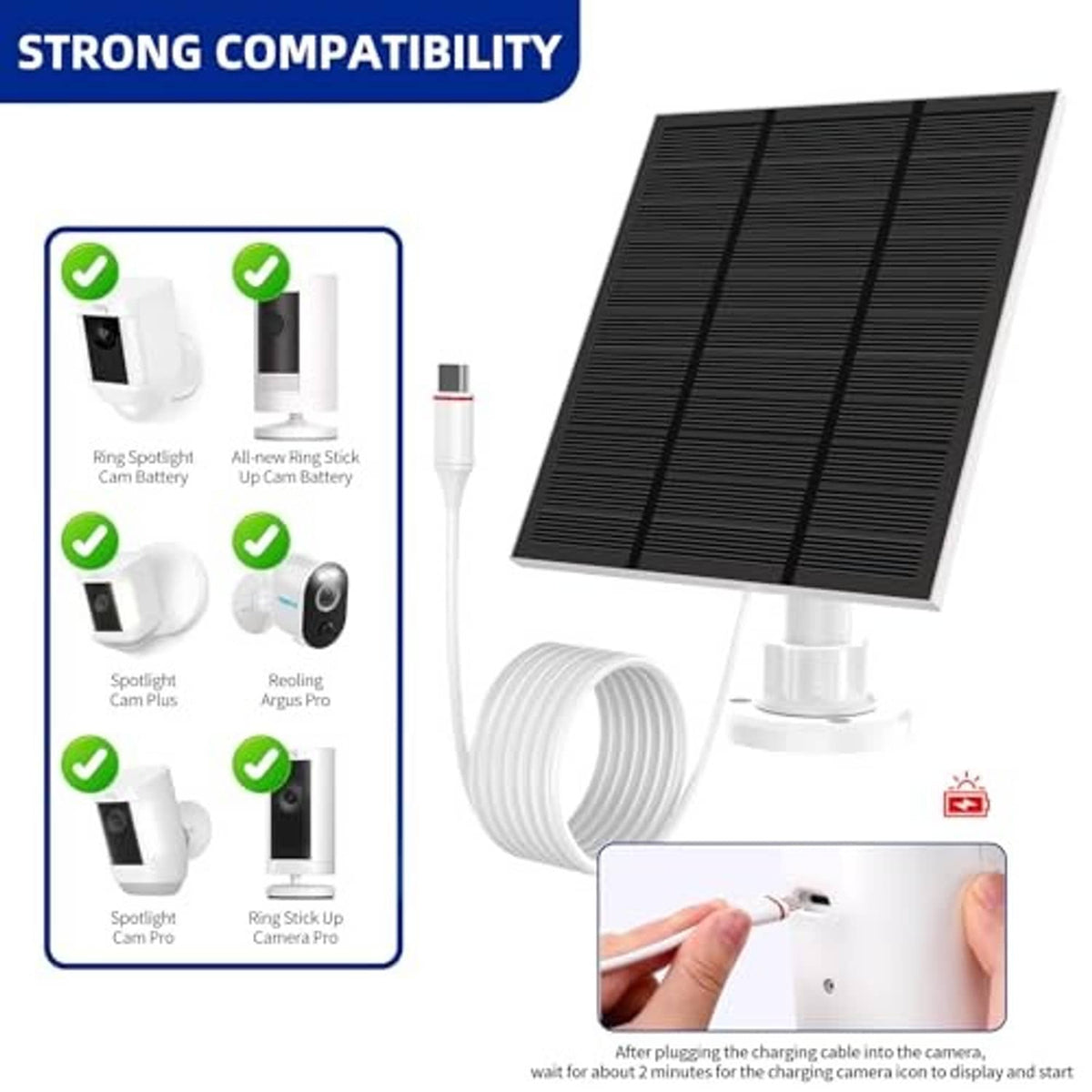 Black solar panel with white cable and adjustable mount stand for outdoor camera charging