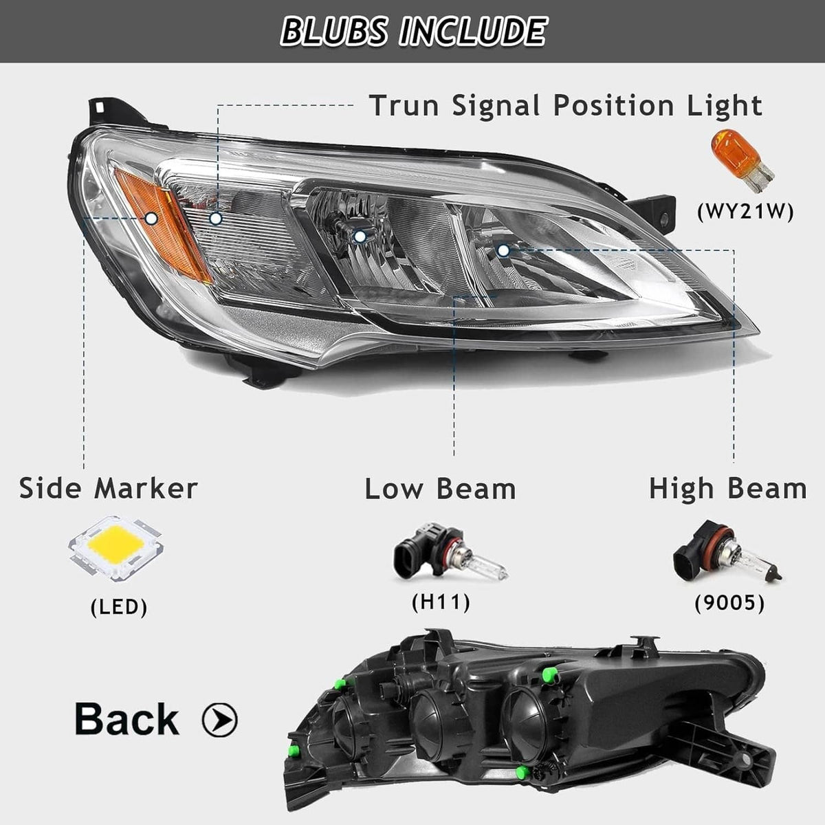 Right halogen headlight diagram showing low beam and high beam areas with side marker