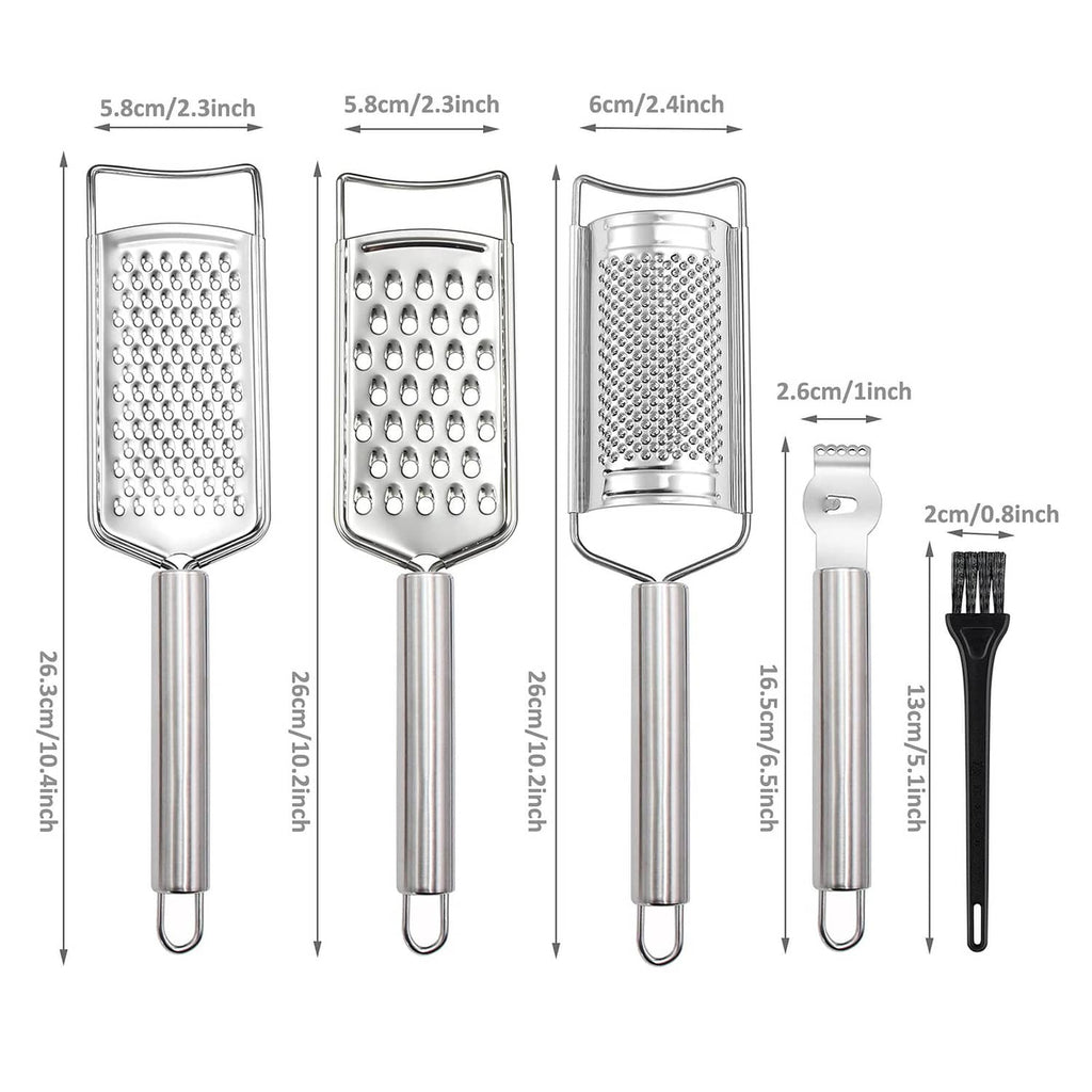 Grater set size chart with dimensions for three box graters, a cylinder grater, and brush