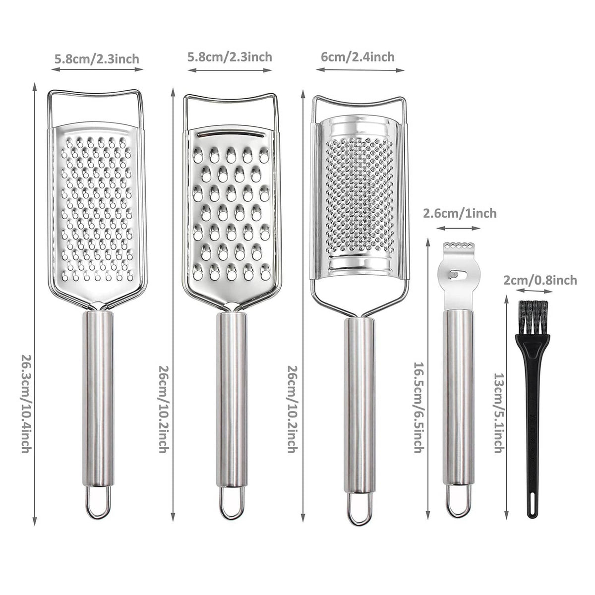 Grater set size chart with dimensions for three box graters, a cylinder grater, and brush
