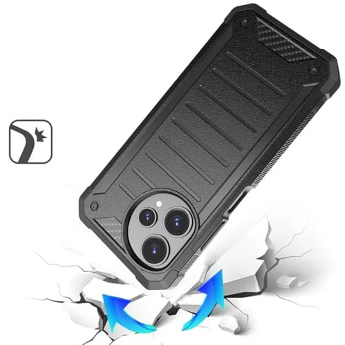 Black rugged phone case for impact protection with raised camera edges.