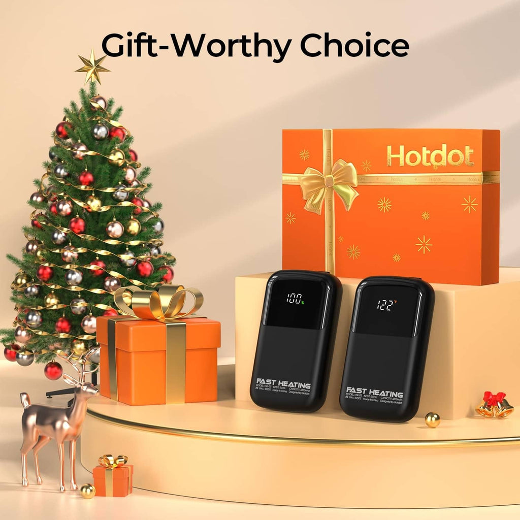 Black rechargeable hand warmers beside an orange gift box and thermochromic card