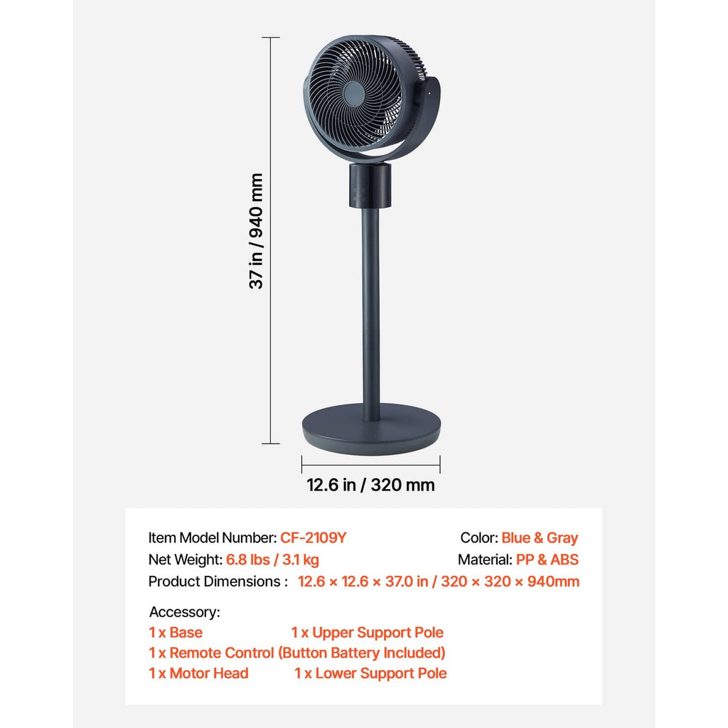 Dark pedestal fan with tall stand base and compact fan head, size chart layout