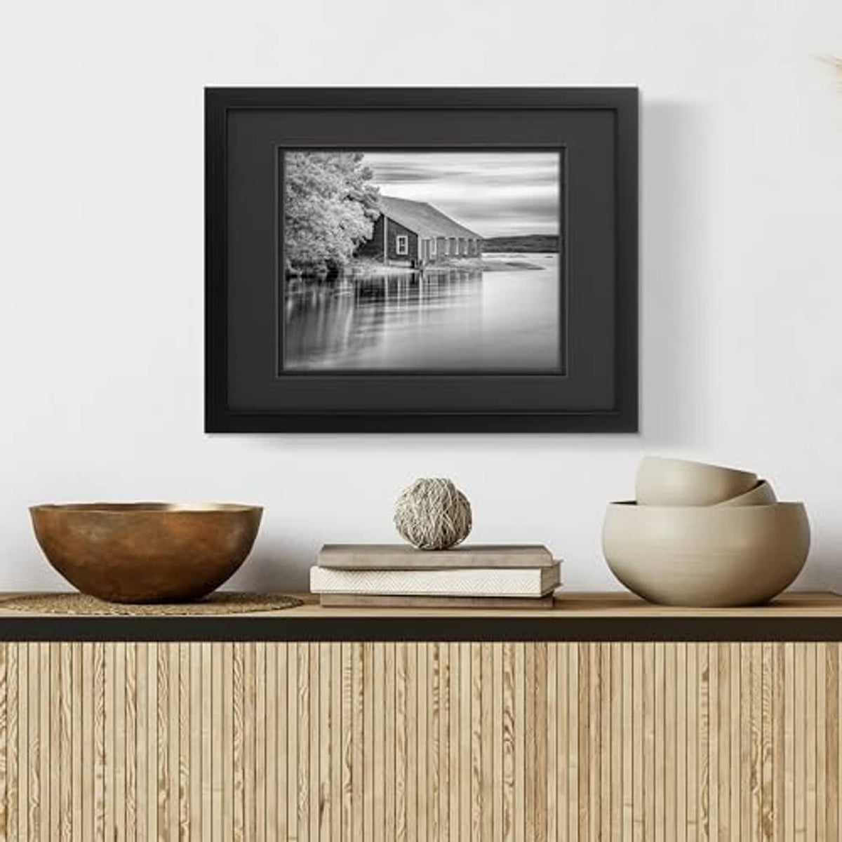 Black wood wall photo frame with white mat, landscape black-and-white print