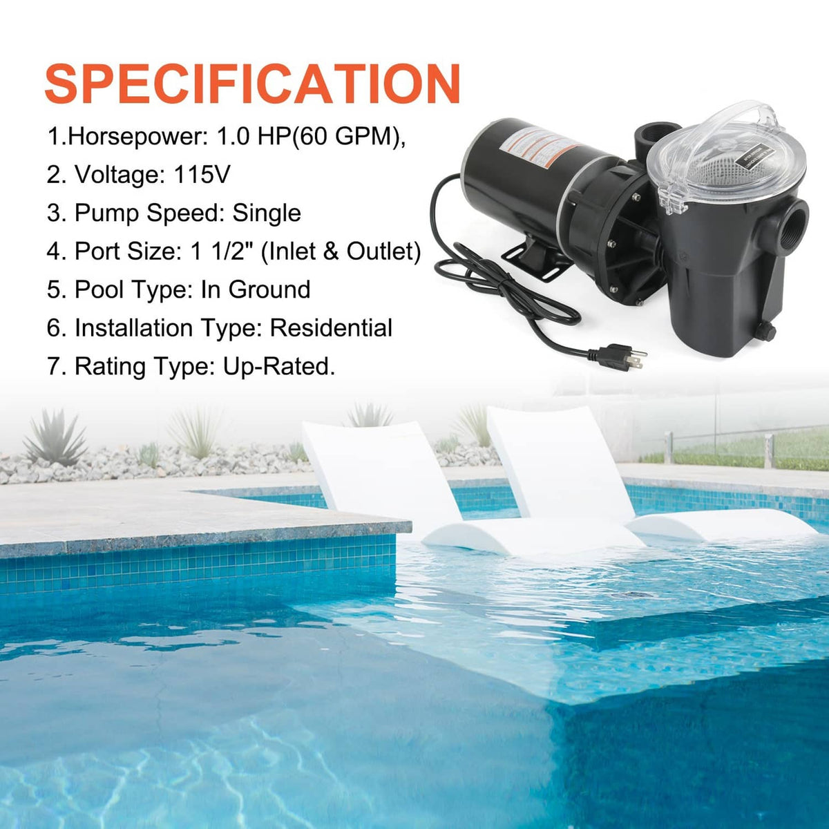 Black pool pump replacement with clear strainer lid and power cord, compact motor body