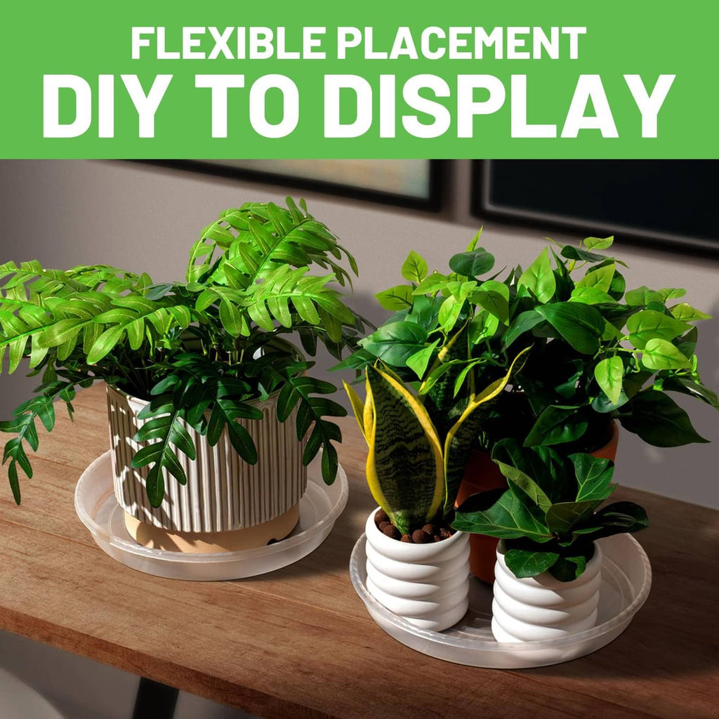 White plastic plant saucers for indoor planters, styled for flexible DIY display