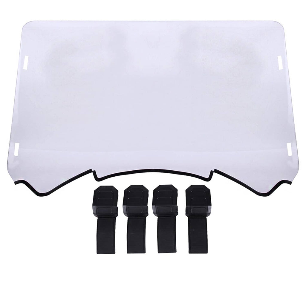 Clear windscreen panel with black lower cutout and four mounting straps
